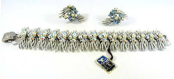 Coro Pegasus Vintage 1950s Pearl and Rhinestone Bracelet and Earrings -  Front