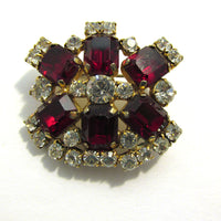Vintage 1950s Head-Turning Clear and Red Diamante Geometric Pin - Front - Thumbnail