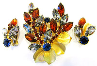 Weiss 1950s Unique Color Combination Rhinestone Pin and Earrings - Front - Thumbnail