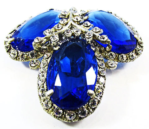 Gorgeous Vintage 1930s Art Deco Blue and Clear Rhinestone Dress Clip - Front