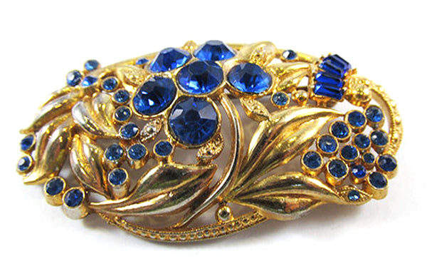 Vintage 1930s Art Nouveau Sapphire-Blue Rhinestone and Gold Pin - Front