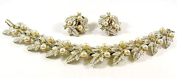 Judy Lee 1950s Vintage Rhinestone and Pearl Bracelet and Earrings - Front