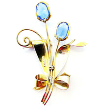 Vintage 1940s Vermeil Sterling Sapphire Blue Diamante Floral Pin - Back - Thumbnail
