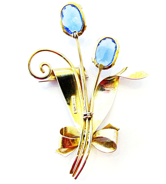 Vintage 1940s Vermeil Sterling Sapphire Blue Diamante Floral Pin - Back