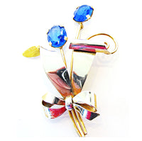 Vintage 1940s Vermeil Sterling Sapphire Blue Diamante Floral Pin - Front - Thumbnail