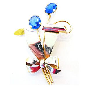 Vintage 1940s Vermeil Sterling Sapphire Blue Diamante Floral Pin - Front