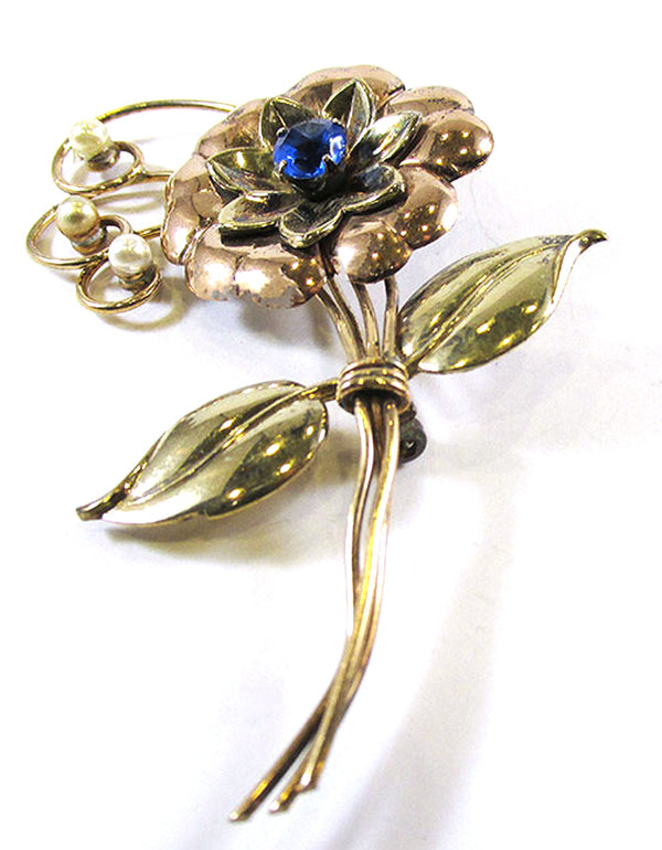 Harry Iskin Vintage 1940s Gold-Filled Rhinestone Floral Bouquet Pin - Front