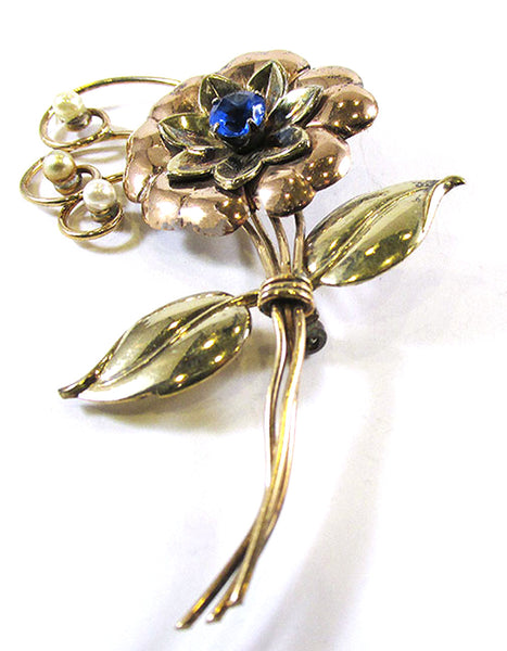 Harry Iskin Vintage 1940s Gold-Filled Rhinestone Floral Bouquet Pin - Front