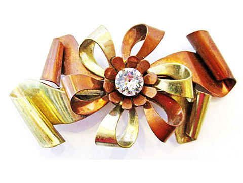 Bold 1940s Vintage Avant-garde Brass and Copper Floral Ribbon Pin - Front