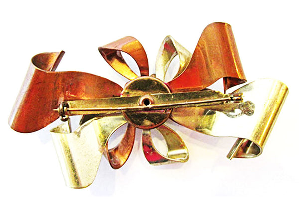 Bold 1940s Vintage Avant-garde Brass and Copper Floral Ribbon Pin - Back
