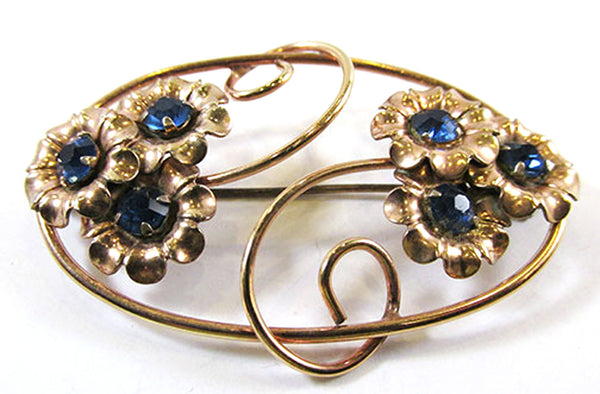 Vintage 1940s Mid-Century Blue Rhinestone and Gold-Filled Floral Pin - Front