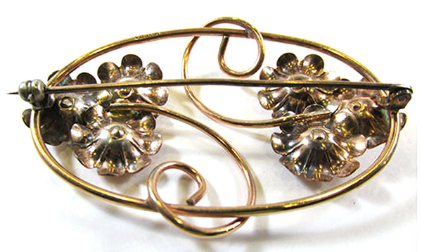 Vintage 1940s Mid-Century Blue Rhinestone and Gold-Filled Floral Pin - Back