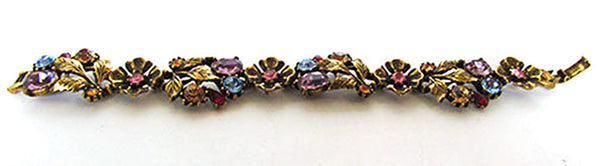 Hollycraft Vintage 1950s Multi-Colored Rhinestone Floral Bracelet - Front