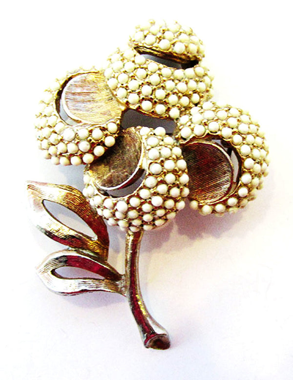 Har Vintage 1950s Mid-Century Designer White Bead and Gold Floral Pin - Front
