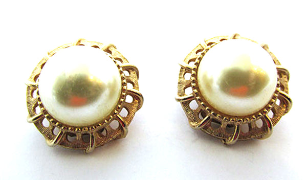 Kramer Vintage 1960s Pearl Cabochon Gold Clip-On Earrings - Close Up