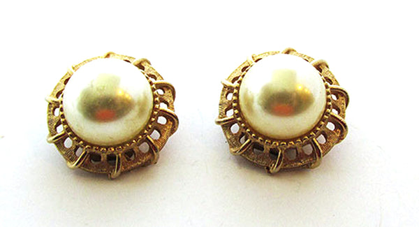 Kramer Vintage 1960s Pearl Cabochon Gold Clip-On Earrings - Front