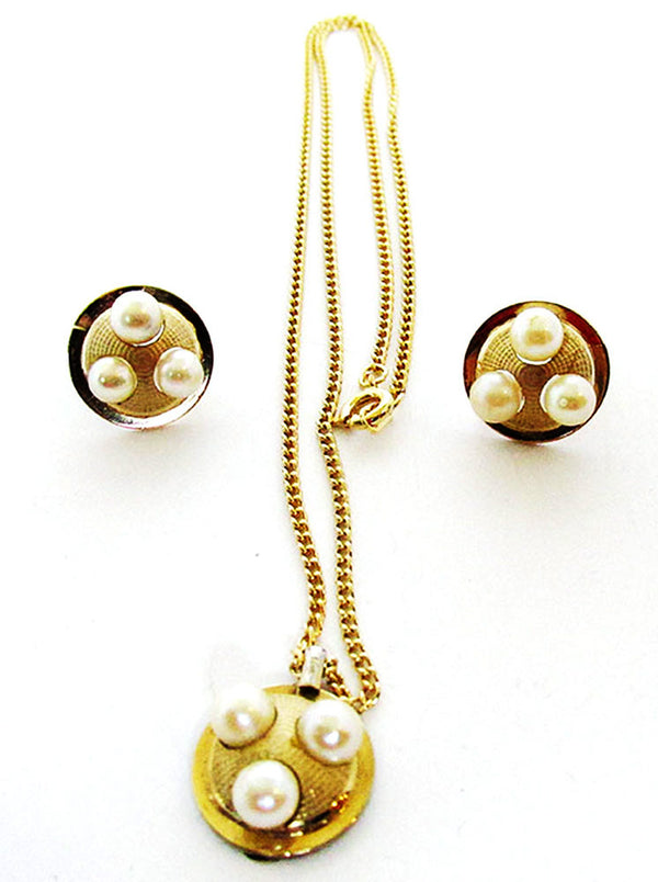 DCE Signed Vintage1950s Pearl and Gold-Filled Pendant and Earrings - Front
