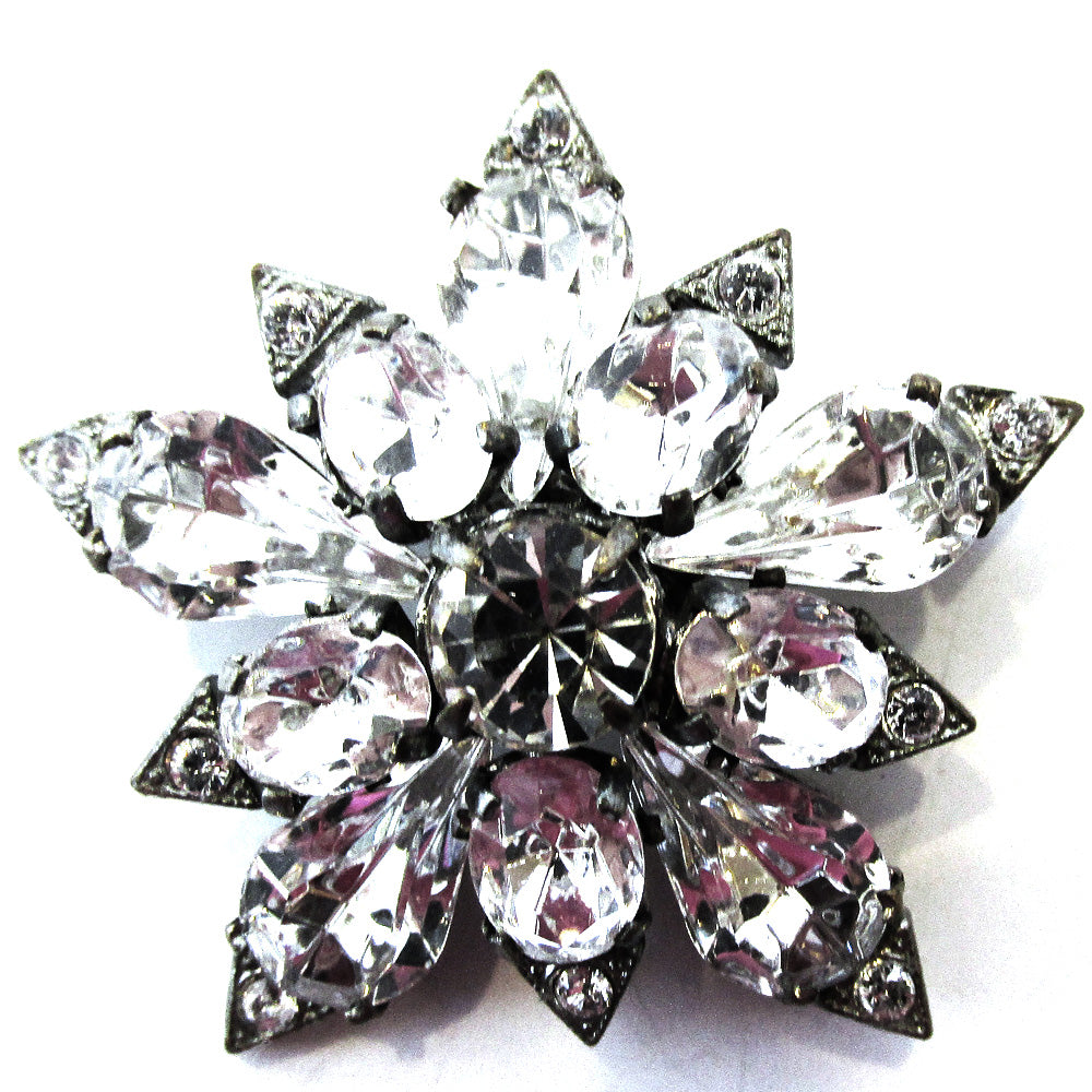 Czechoslovakia Vintage 1930s Clear Rhinestone and Silver-Tone Pin - Front