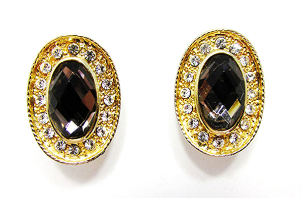 Vintage 1970s Amethyst and Clear Rhinestone Gold Earrings - Front