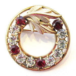 Signed DCE Vintage 1950s Classic Diamante and Gold-Filled Circle Pin - Front