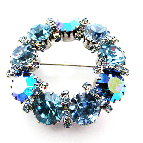 Vintage 1950s Dazzling Sapphire-Blue and AB Rhinestone Circle Pin - Front