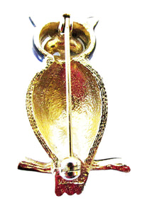 Adorable Vintage 1950s Figural Clear Rhinestone Enameled Owl Pin - Back - Thumbnail