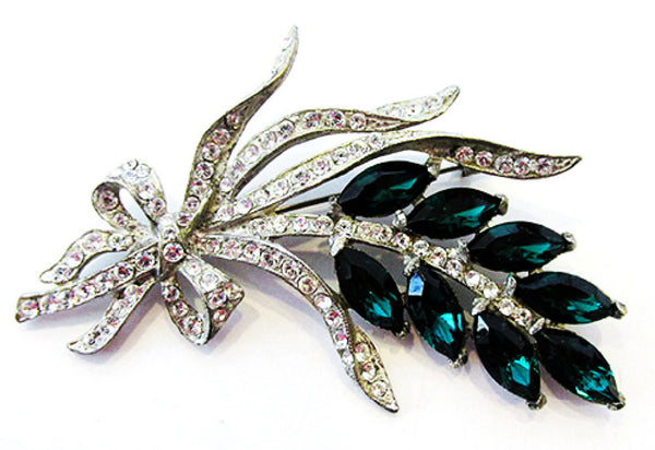 Vintage 1930s Emerald and Clear Rhinestone Floral Bouquet Pin - Front