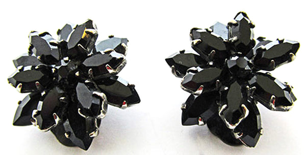 Vintage 1950s Black Rhinestone Floral Clip-On Earrings - Front