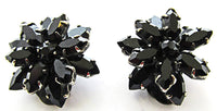 Vintage 1950s Black Rhinestone Floral Clip-On Earrings - Front - Thumbnail