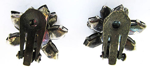 Vintage 1950s Black Rhinestone Floral Clip-On Earrings - Back