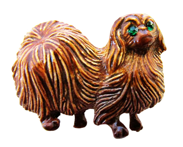 Gerry's Vintage 1950s Green Rhinestone and Enameled Pekingese Pin - Front