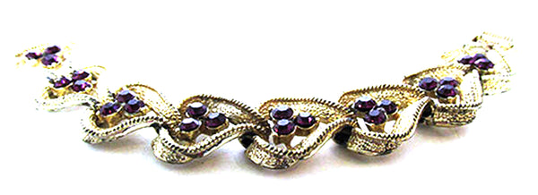 Coro Pegasus Signed Vintage 1950s Amethyst Rhinestone Leaf Bracelet - Front