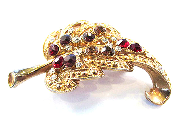 Vintage 1940s Mid-Century Multi-Colored Rhinestone Leaf Pin - Front