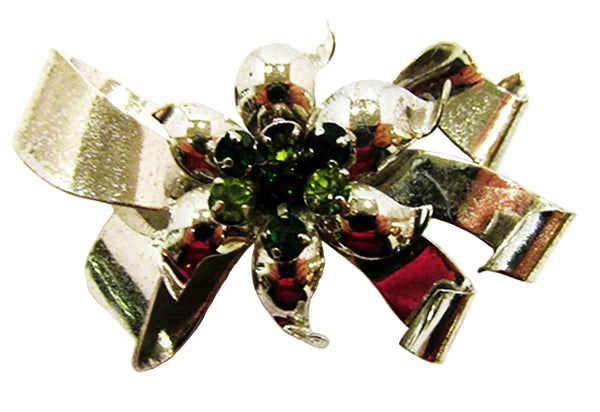 Vintage 1940s Green Rhinestone and Sterling Floral Ribbon Pin - Front