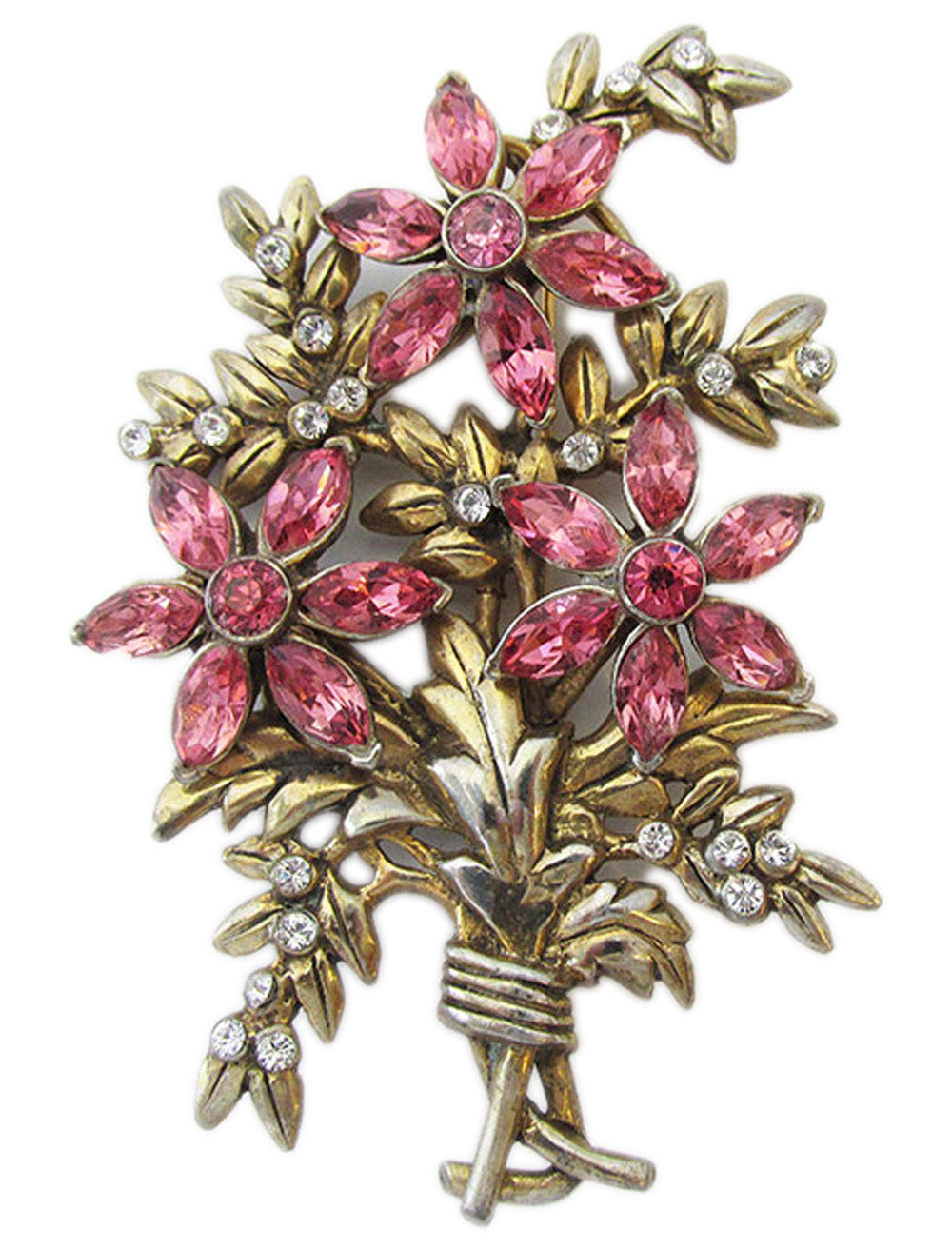 Vintage 1930s Pink and Clear Rhinestone Gold-Toned Floral Bouquet Pin - Front