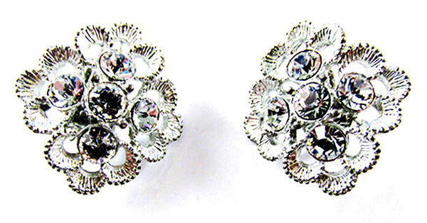 Sarah Coventry Vintage 1970s Clear Rhinestone Floral Clip-On Earrings - Front