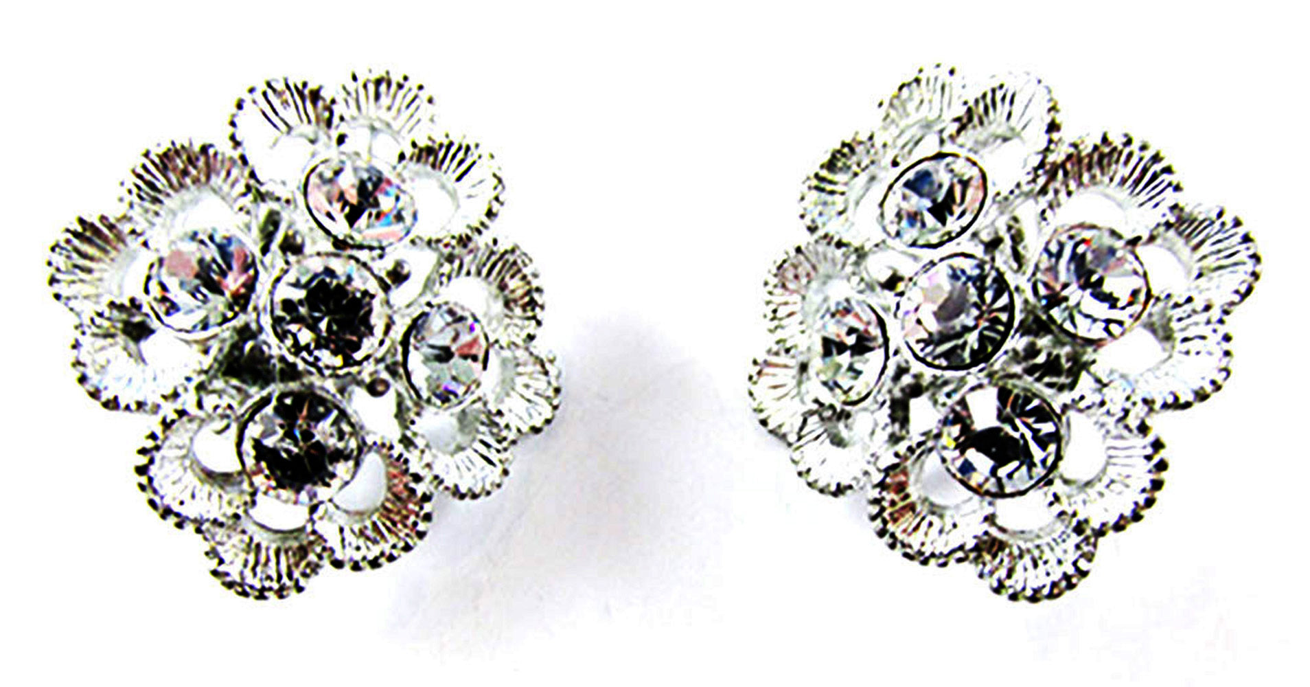Sarah Coventry Vintage 1970s Clear Rhinestone Floral Clip-On Earrings - Front