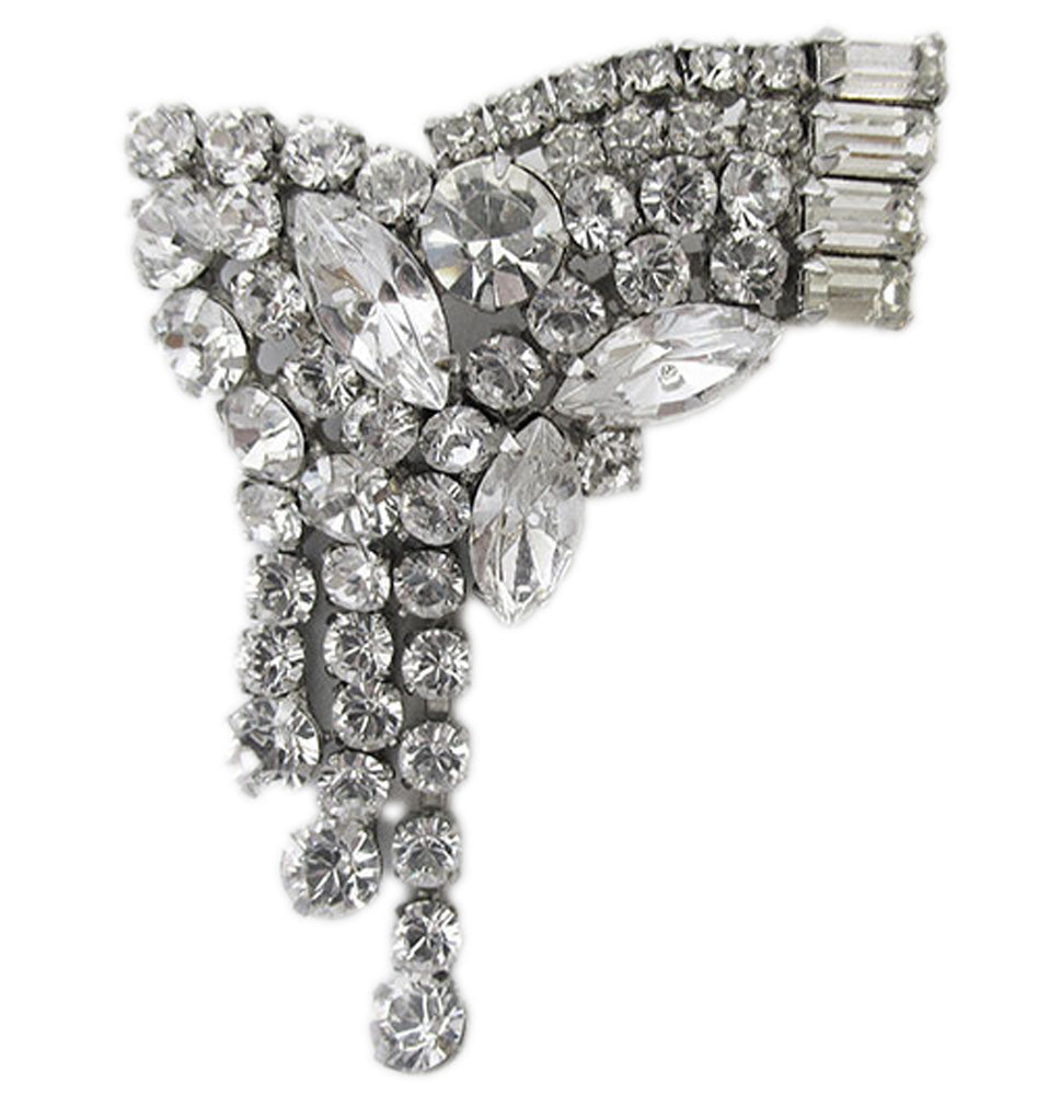 Vintage 1950s Sparkling Clear Rhinestone Silver-Toned Drop Pin - Front