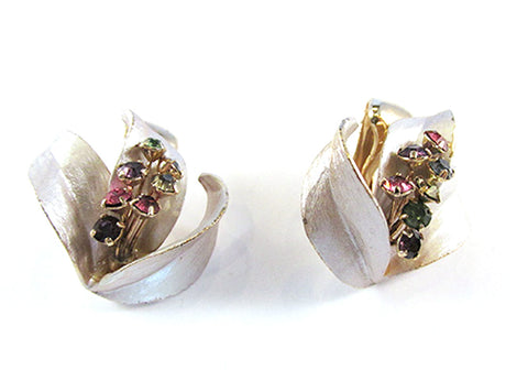 Vintage 1950s Multi-Colored Rhinestone Floral Clip-On Earrings - Front