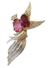 Vintage 1930s Figural Red, Pink and Clear Rhinestone Gold Bird Pin - Front - Thumbnail