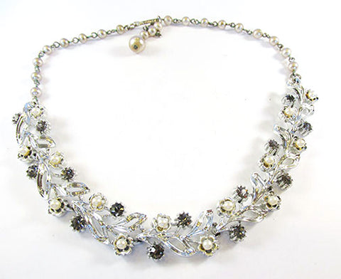 Lisner Vintage 1950s Black Diamond Rhinestone and Pearl Necklace - Front