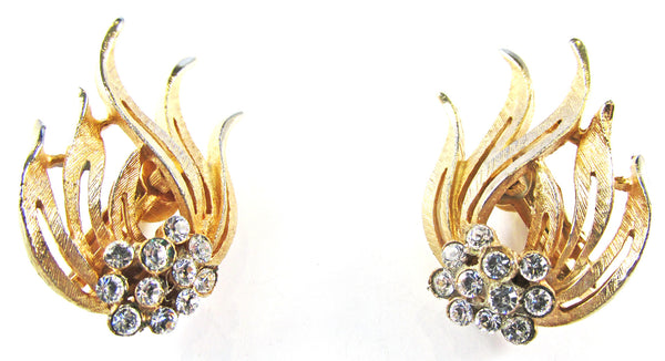 Vintage 1960s Rare JP Clear Rhinestone and Gold Clip-On Earrings - Front