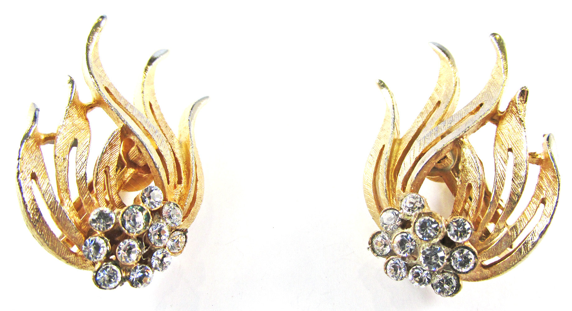 Vintage 1960s Rare JP Clear Rhinestone and Gold Clip-On Earrings - Front