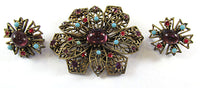 JJ (Jonette Jewelry) Vintage 1950s Rhinestone Floral Pin and Earrings - Front - Thumbnail