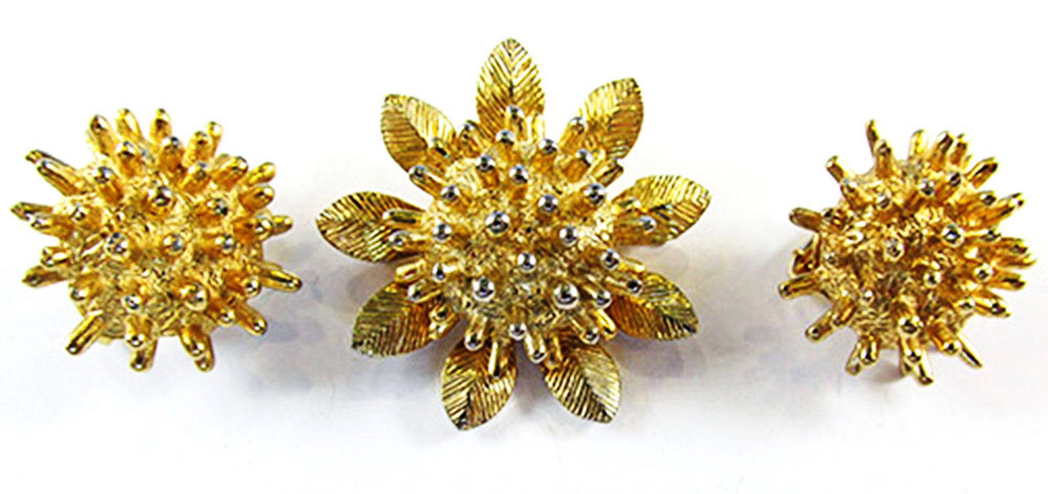 Signed Castlecliff Vintage 1950s Avant-Garde Gold Pin and Earrings - Front