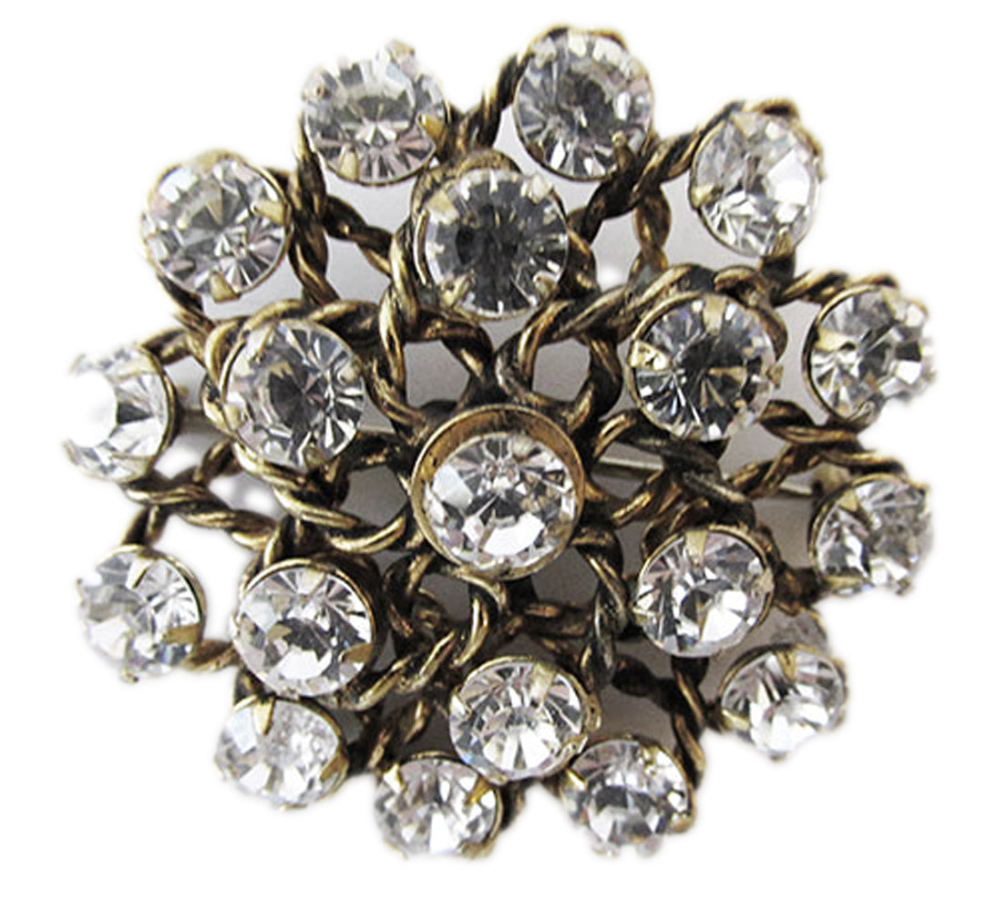 Signed Freirich Vintage 1950s Clear Rhinestone Gold-Tone Floral Pin - Front