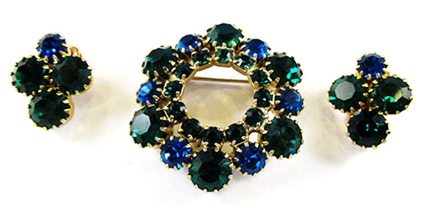 Vintage 1950s Sapphire and Emerald Rhinestone Pin and Earrings - Front