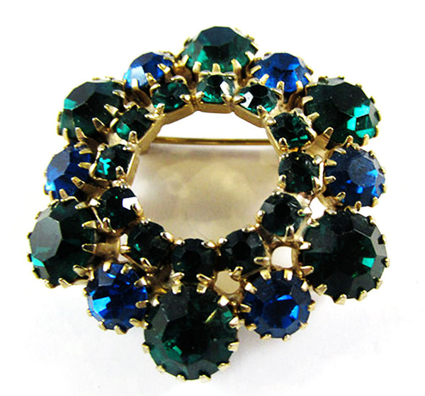 Vintage 1950s Sapphire and Emerald Rhinestone Pin and Earrings - Pin 