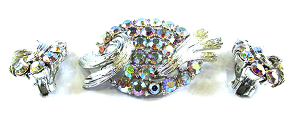 Signed Lisner Vintage 1950s AB Rhinestone Floral Pin and Earrings - Front