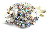 Signed Lisner Vintage 1950s AB Rhinestone Floral Pin and Earrings - Pin Front - Thumbnail